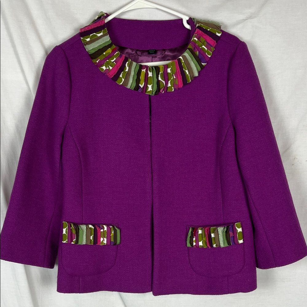 Boden Wool Blend Purple Cropped Blazer with Ribbon Accents